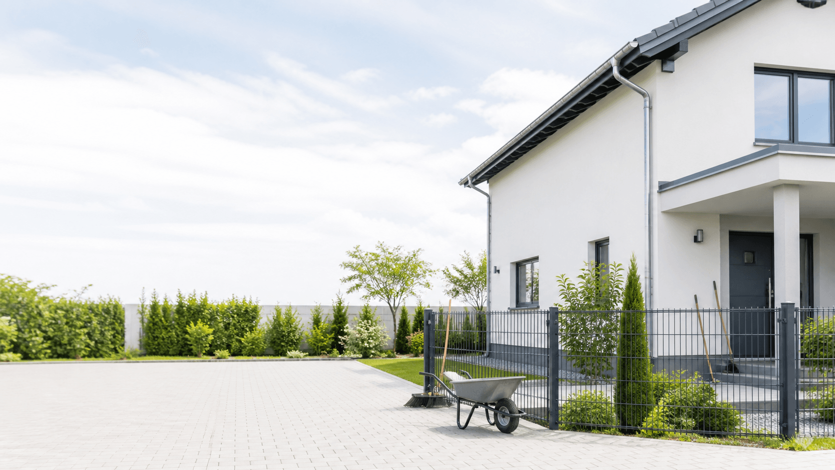 Gepflegtes Wohnhaus mit Garten, Zaun und Dachrinne